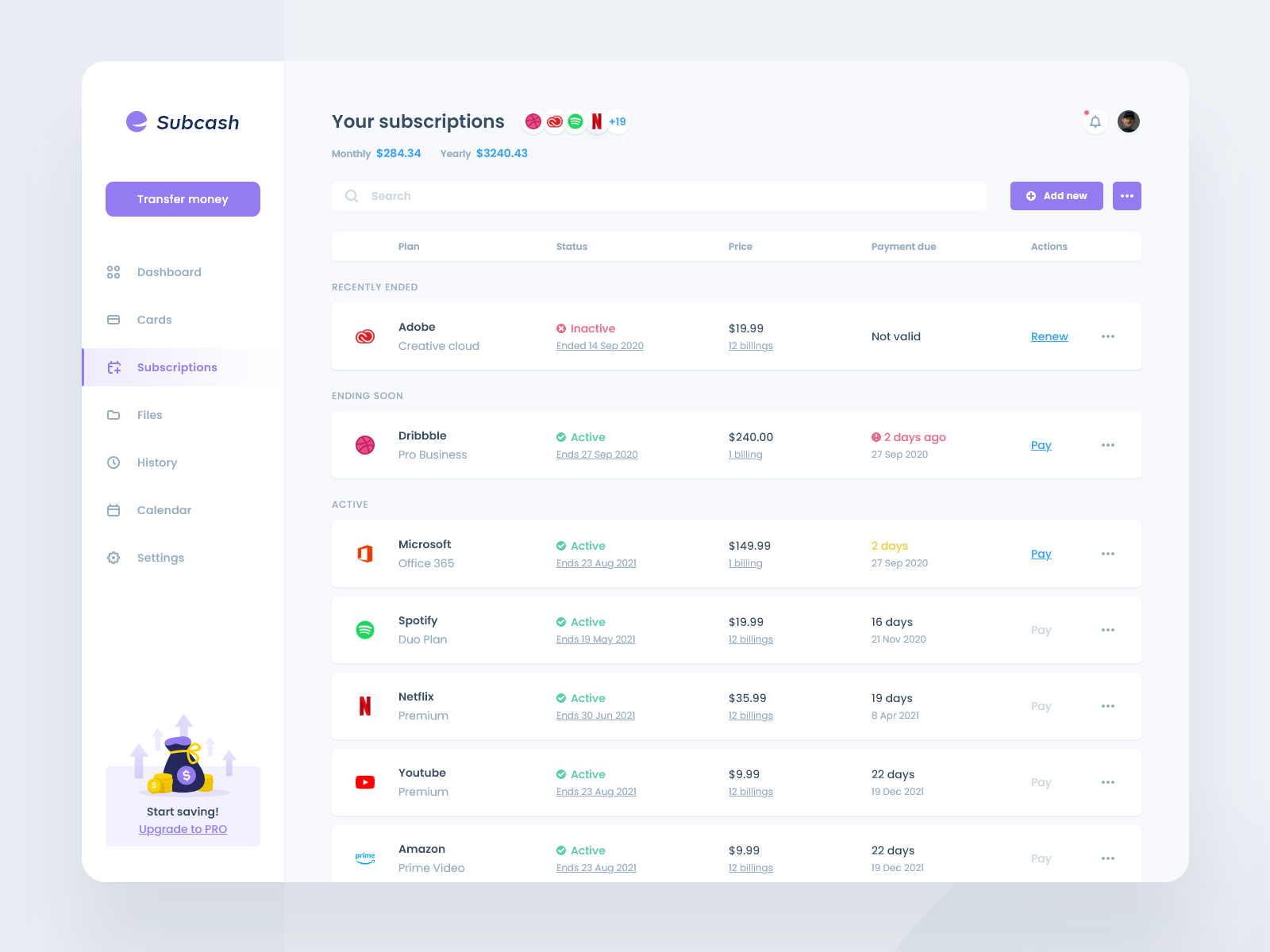 Banking Dashboard concept - Manage Subscription