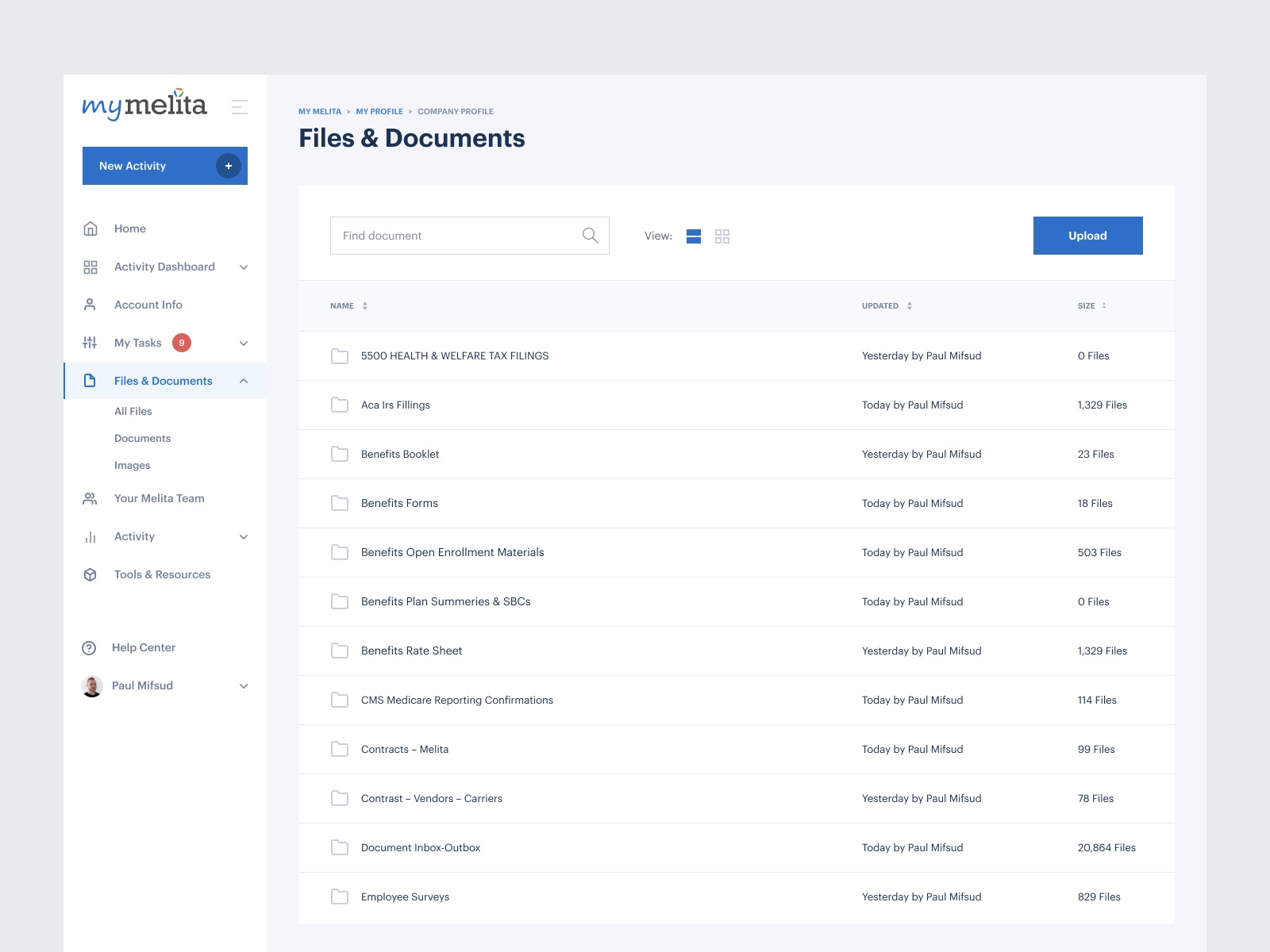 MyMelita. Dashboard / Files and documents